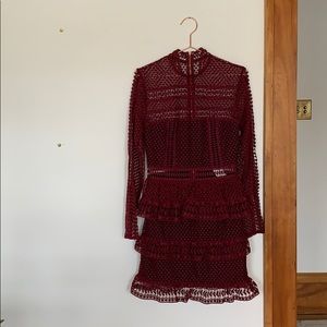 Maroon Self-Portrait L/S Tiered Lace Dress